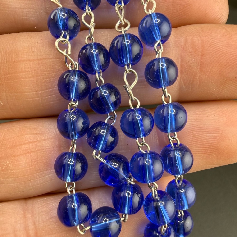 Vintage Blue Glass Bead Rosary Silver‎ Tone 21"